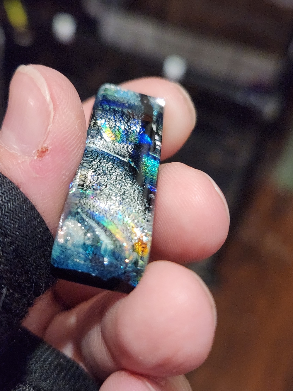 Dichroic Glass Large Rectangular Bead - Blue, Silver, Red, and Green - Picture 6 of 6